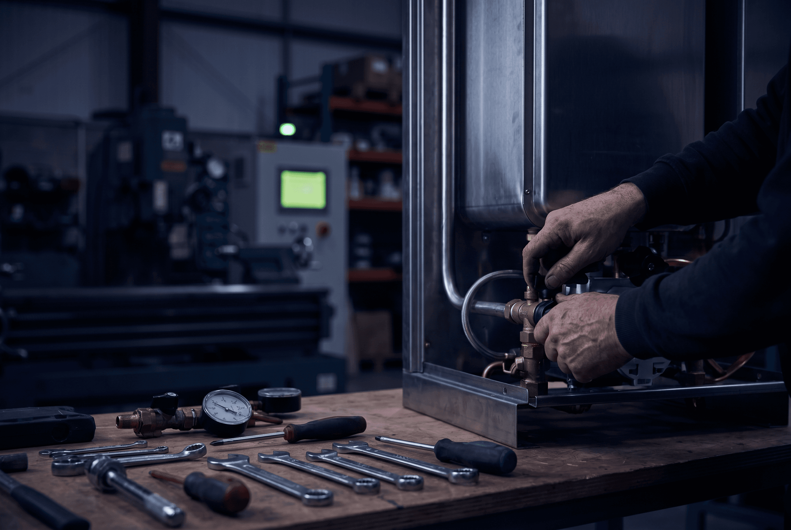 Skilled tradesperson engineer working on a modern boiler in a neat UK workshop with tools on workbench