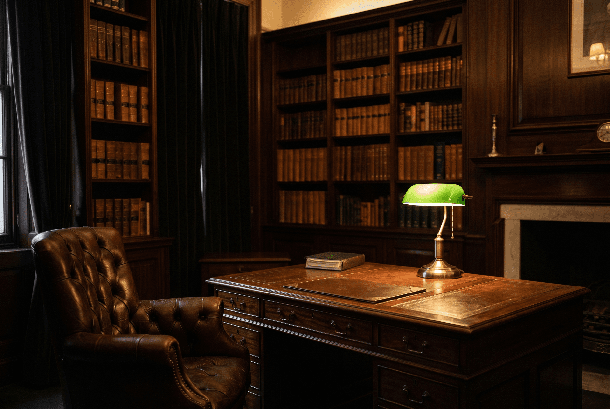 Prestigious UK solicitor law office with mahogany bookshelves of legal volumes and elegant wooden desk