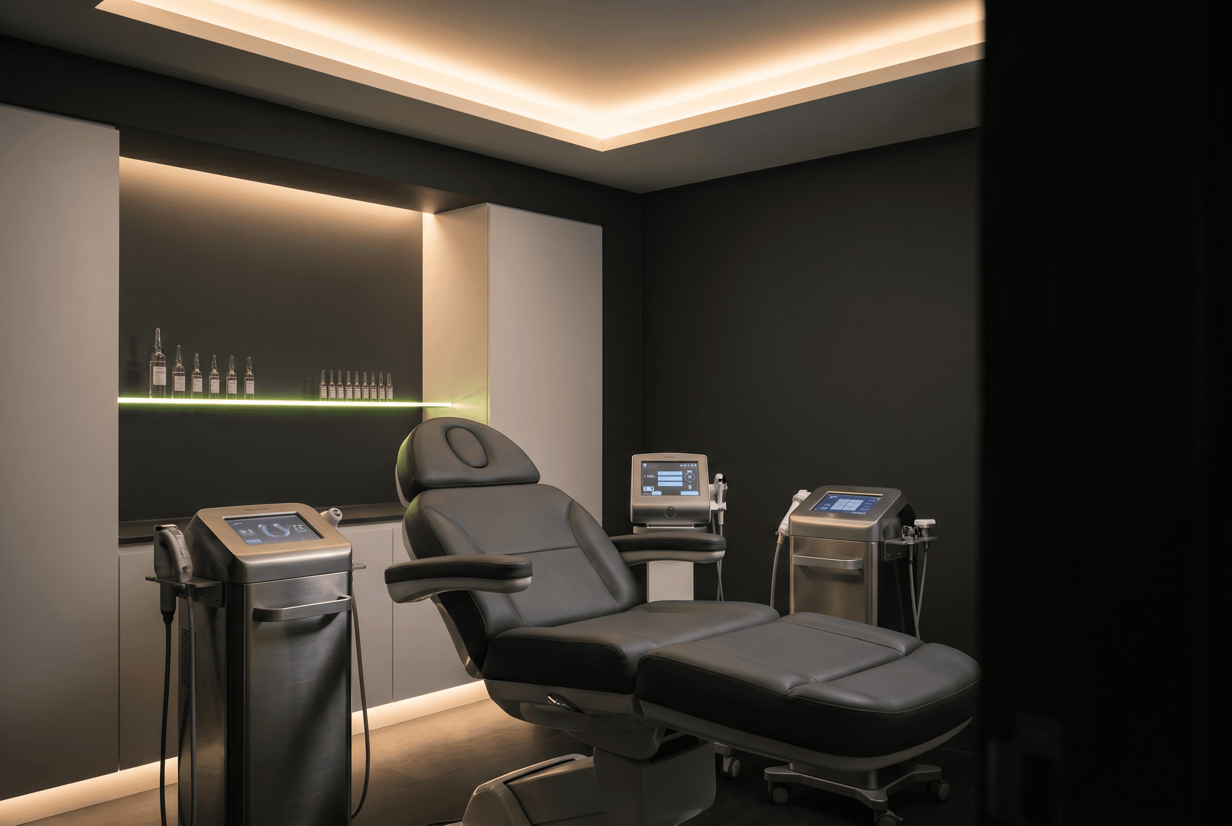 Luxury aesthetic clinic treatment room with sleek modern reclining chair and premium clinical equipment
