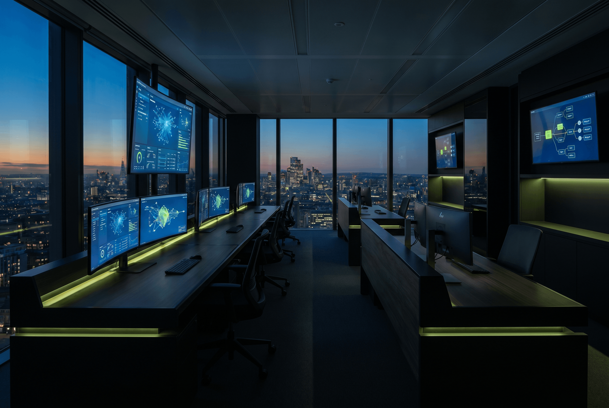 Modern UK AI automation agency operations room with multiple monitors showing dashboards and workflow diagrams