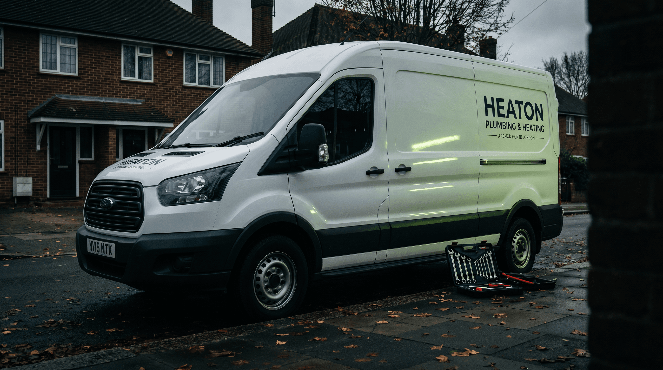 UK plumbing and heating company van parked outside a residential property on a suburban street