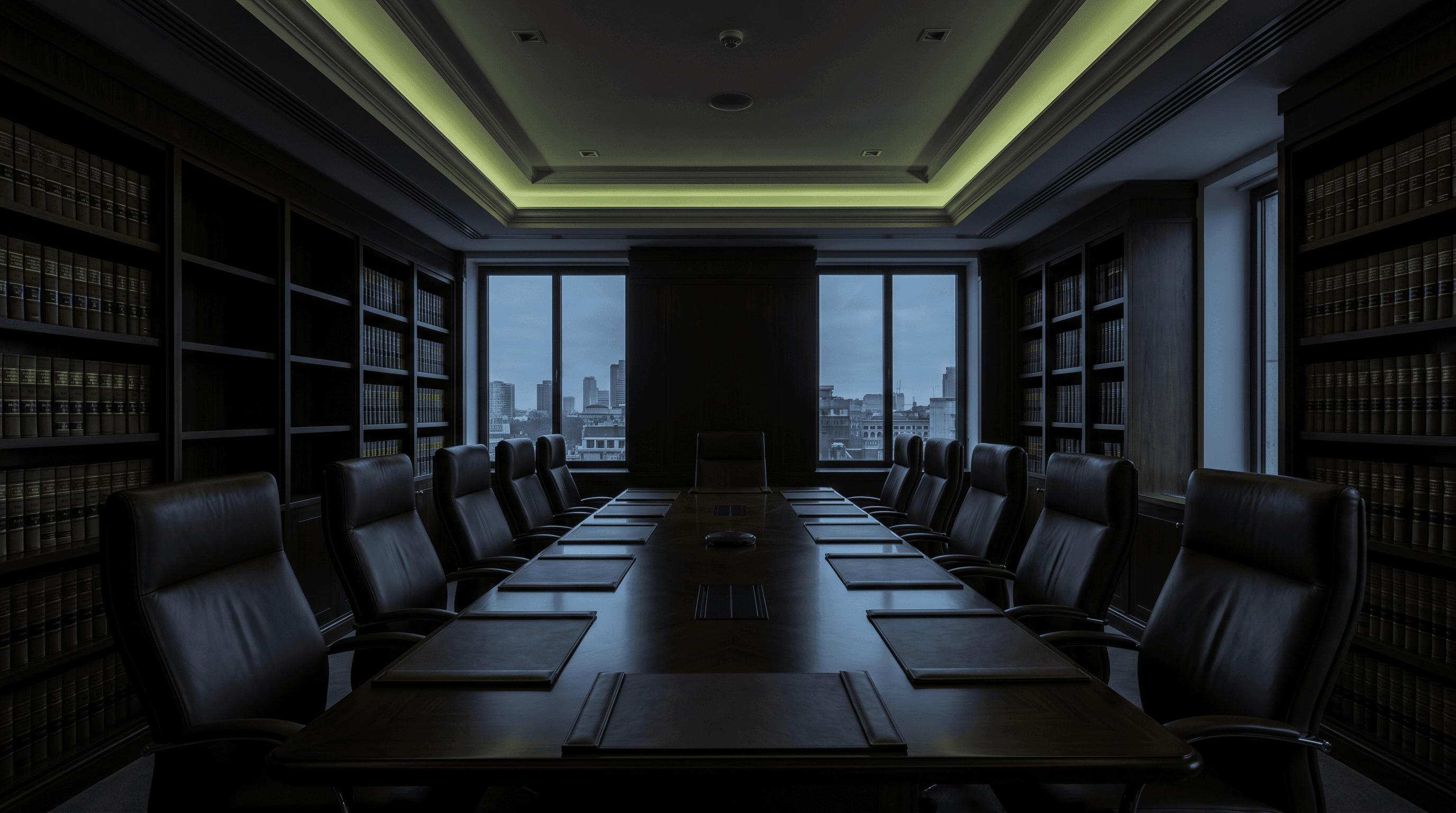 Prestigious UK law firm boardroom with polished conference table and bookshelves of legal texts