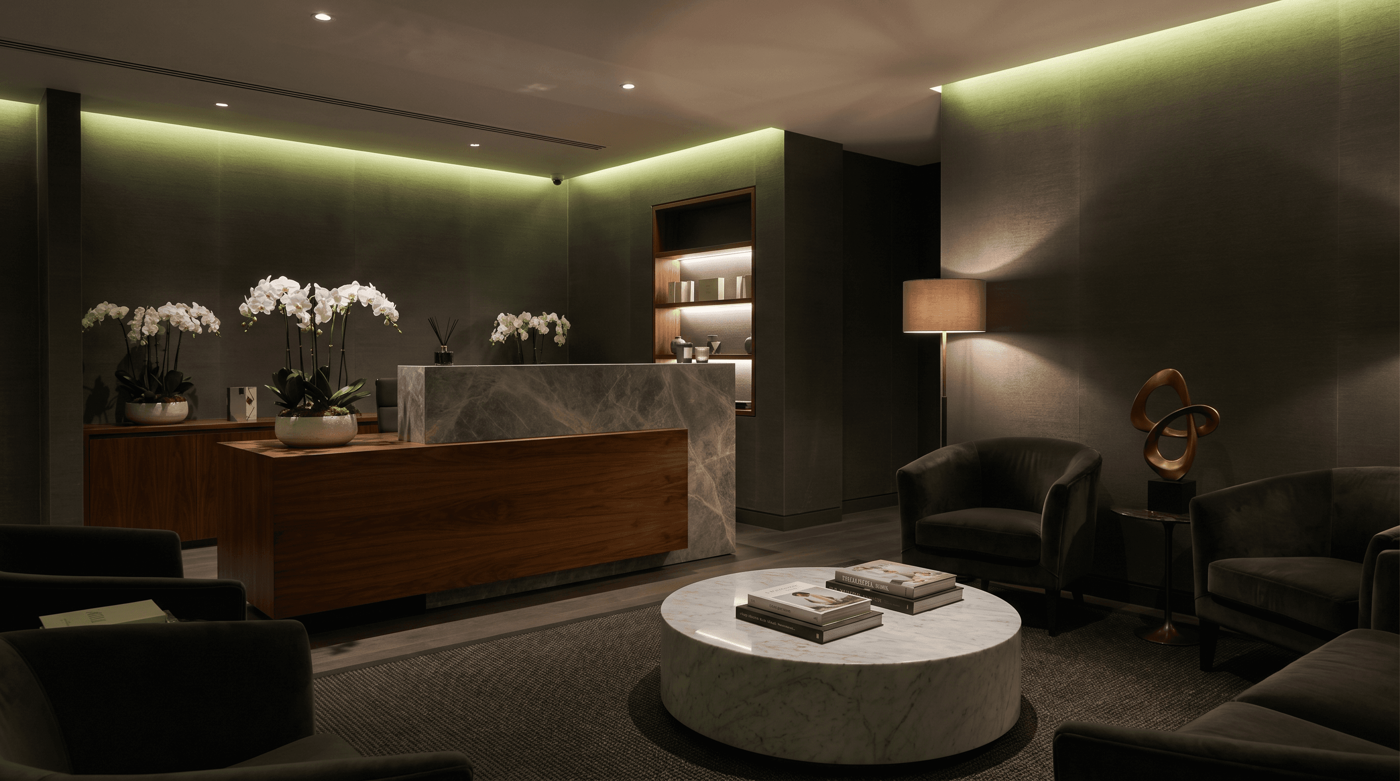 Upscale UK cosmetic aesthetics clinic waiting room with elegant reception desk and luxury decor