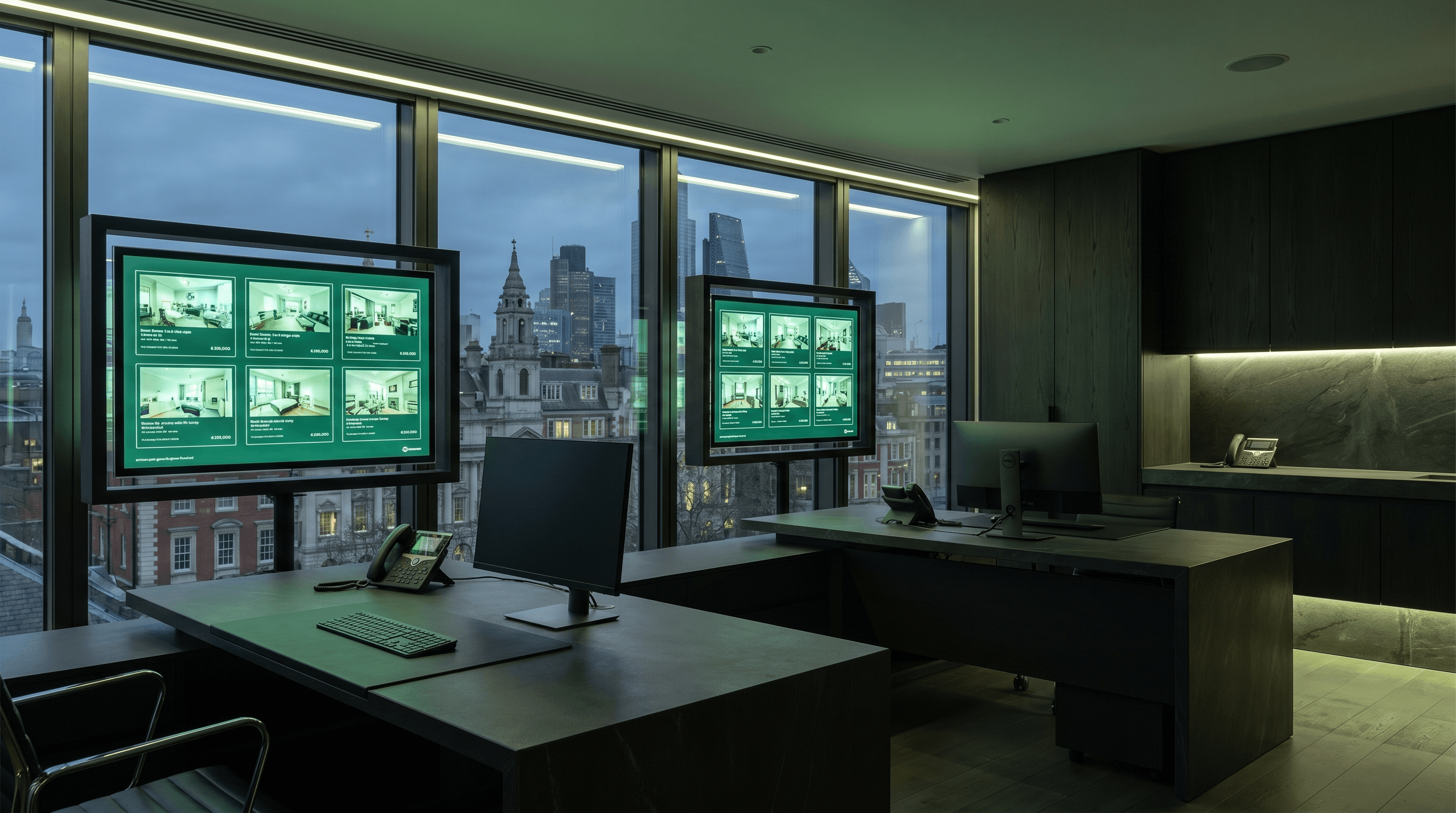 Premium UK lettings and property management office with screens showing property listings and city skyline view