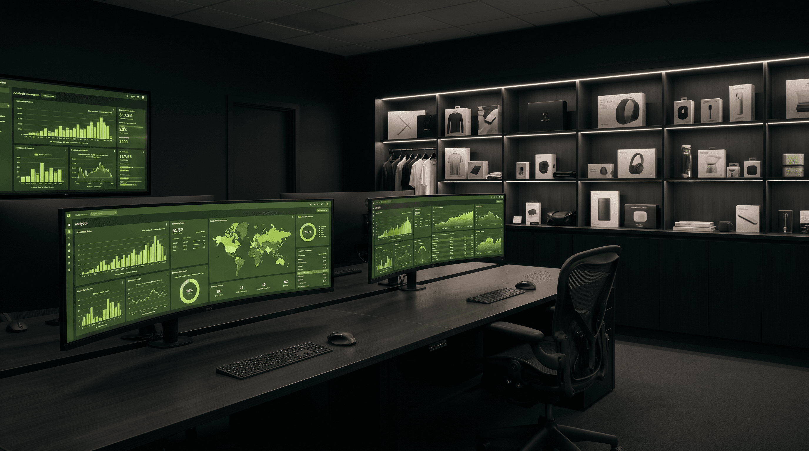 Sleek UK digital commerce operations workspace with multiple screens showing analytics dashboards and metrics