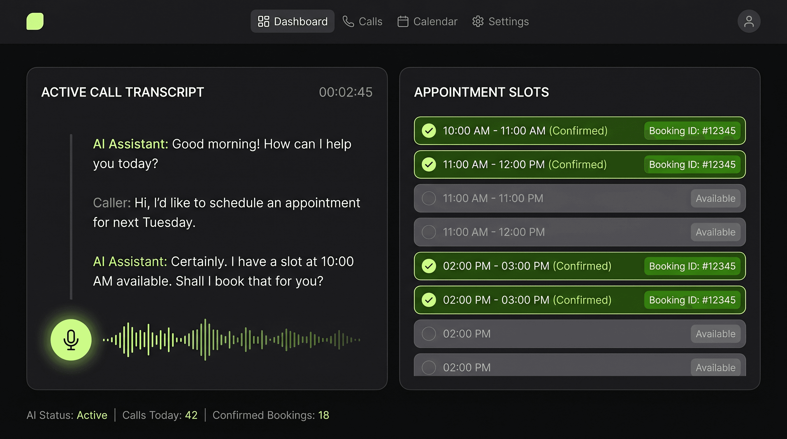 AI intake qualification dashboard showing call transcripts and client qualification workflow