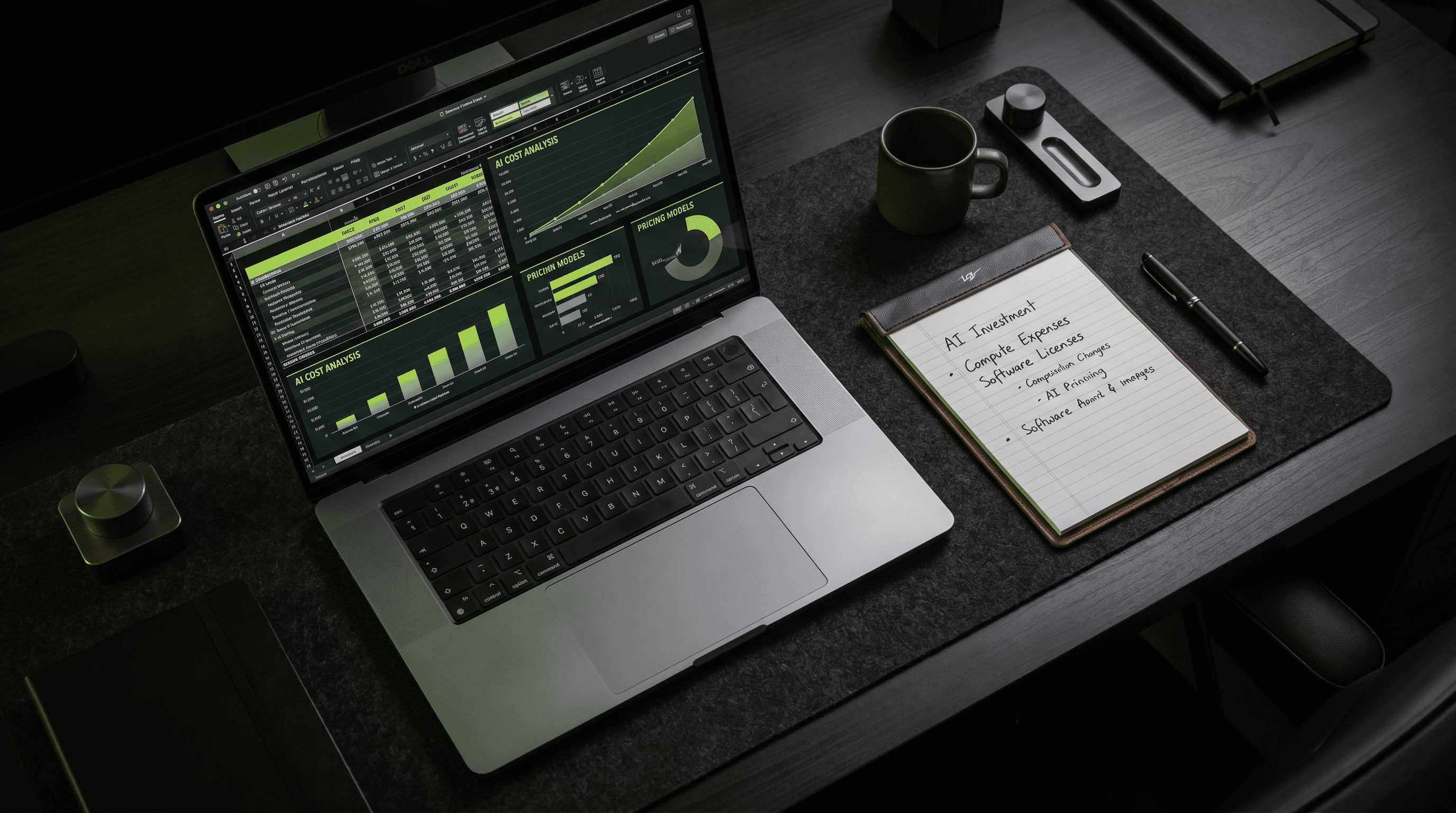 Clean modern desk setup with open laptop showing financial data representing AI receptionist cost research