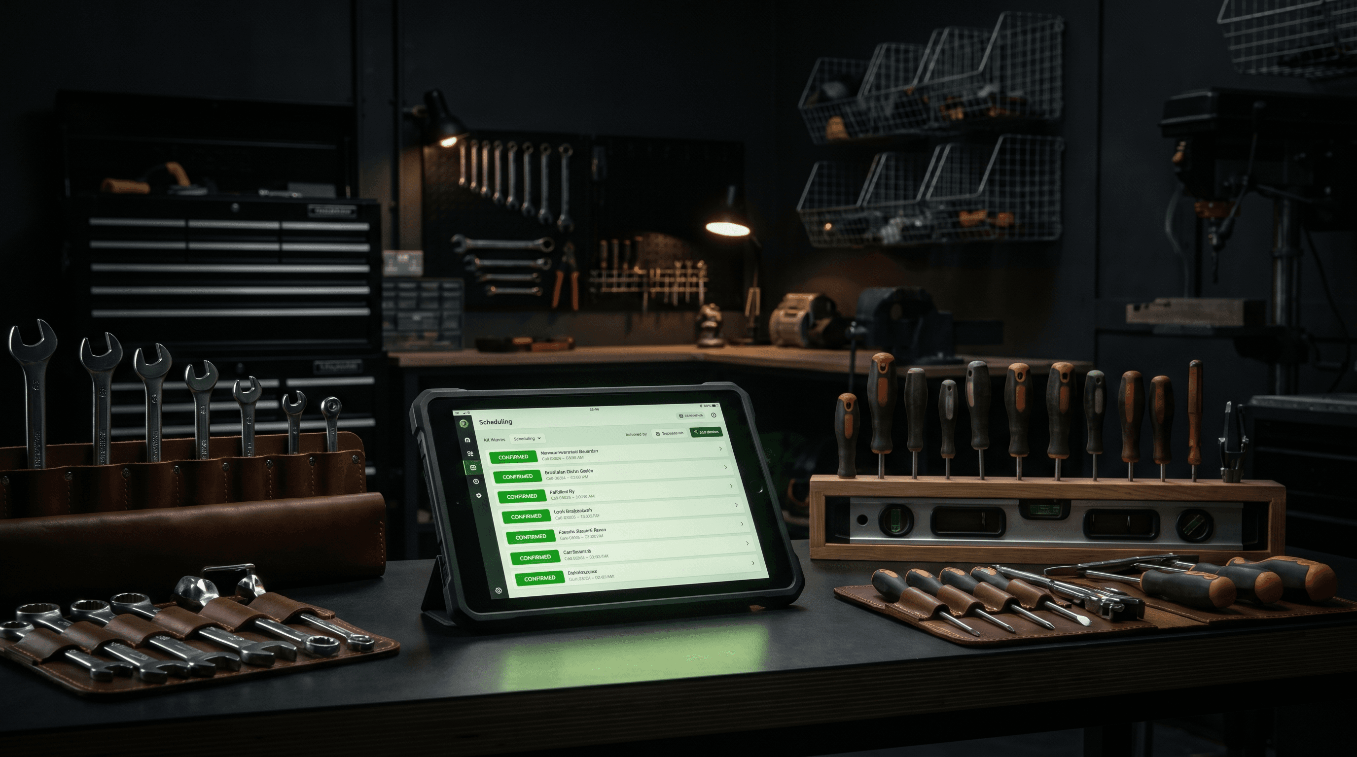 Workshop bench with tablet showing scheduling app with confirmed jobs, surrounded by neatly arranged tools