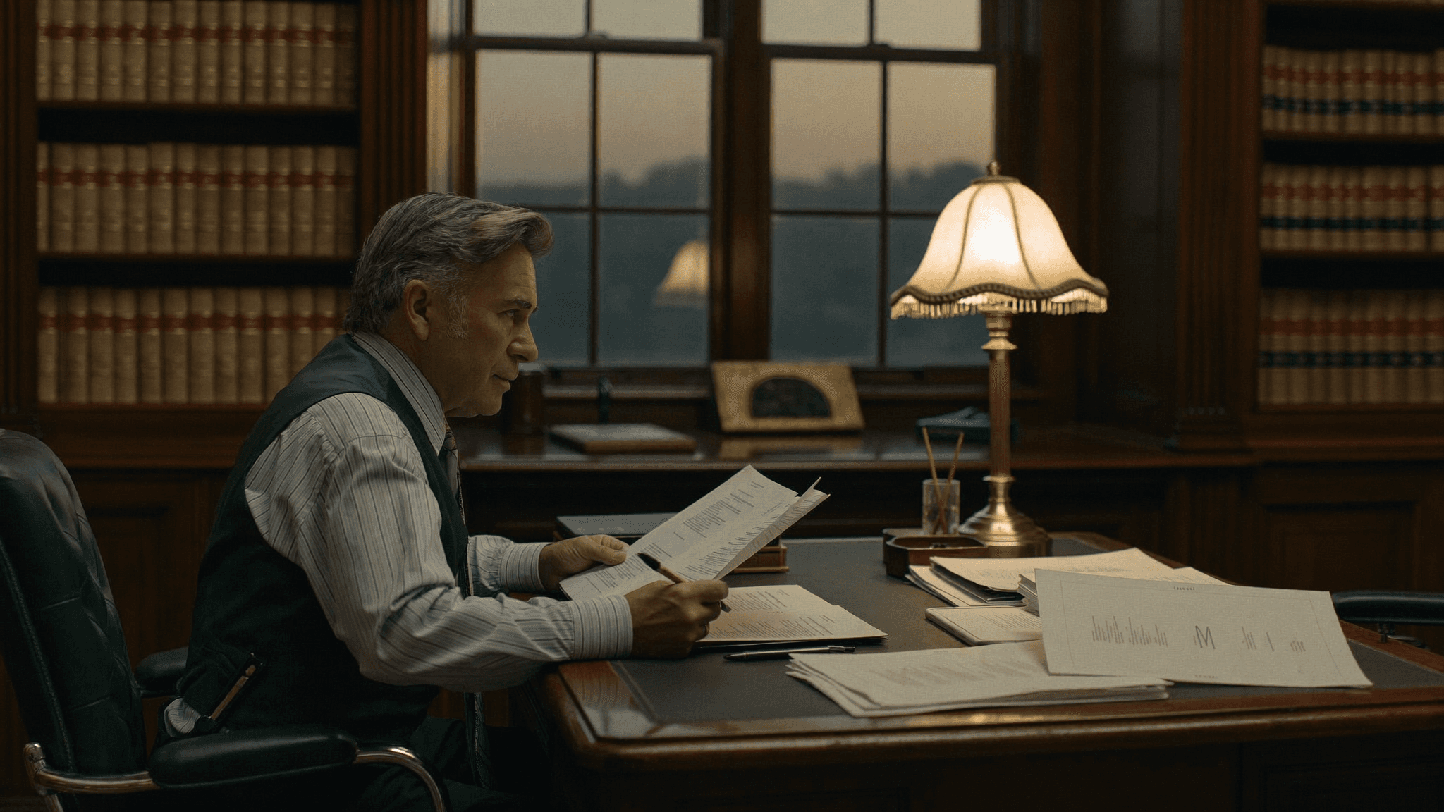 Senior solicitor working at a mahogany desk in a traditional British law office