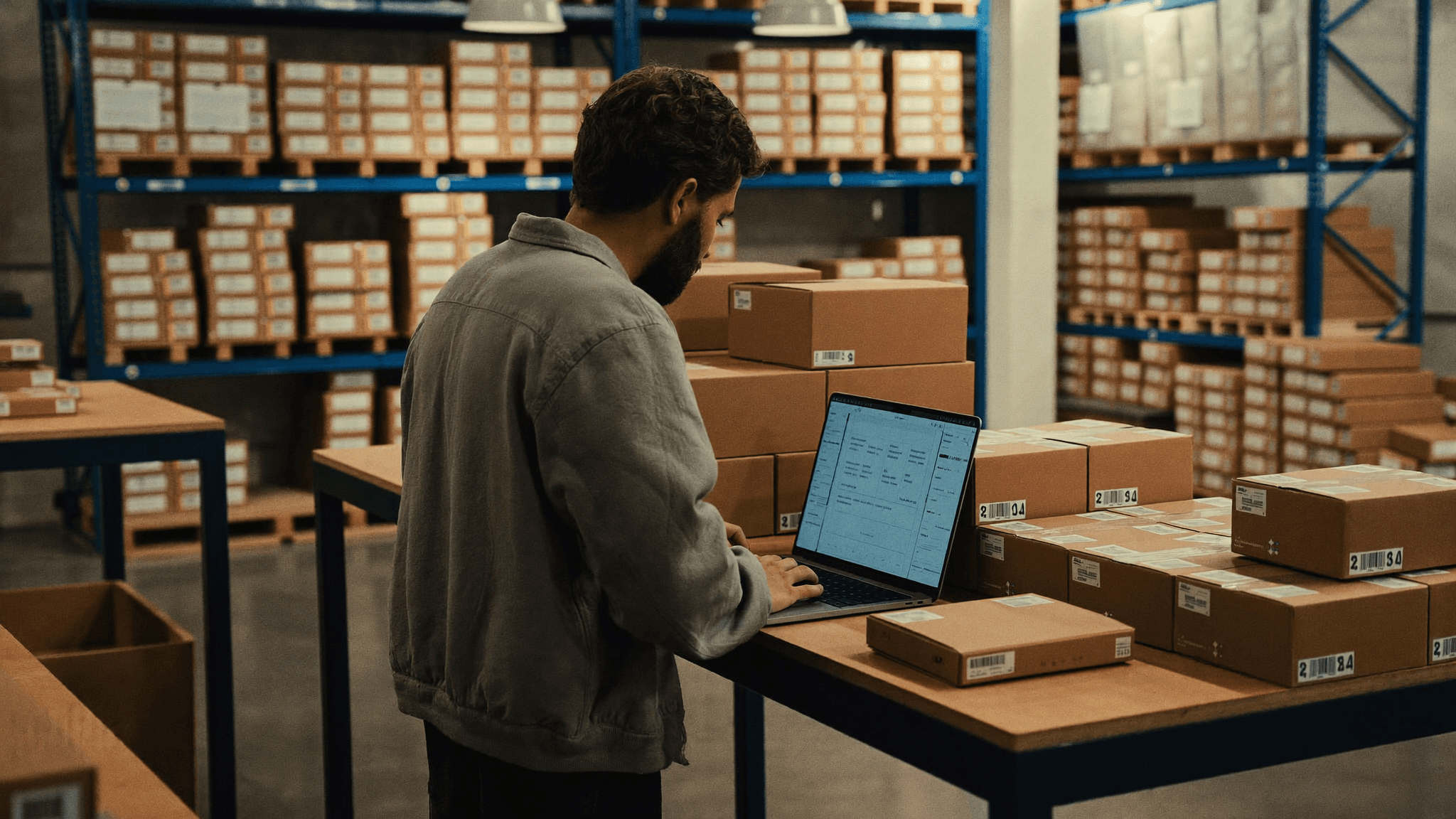 E-commerce founder checking orders on a laptop inside a small fulfilment warehouse