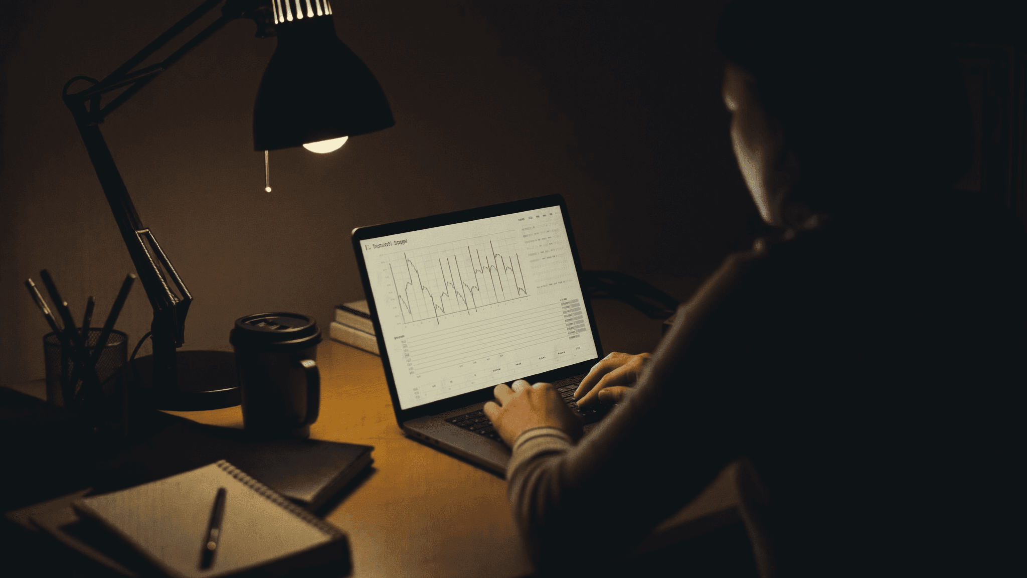 Practice manager calmly reviewing recovered billable hours at a desk in the evening